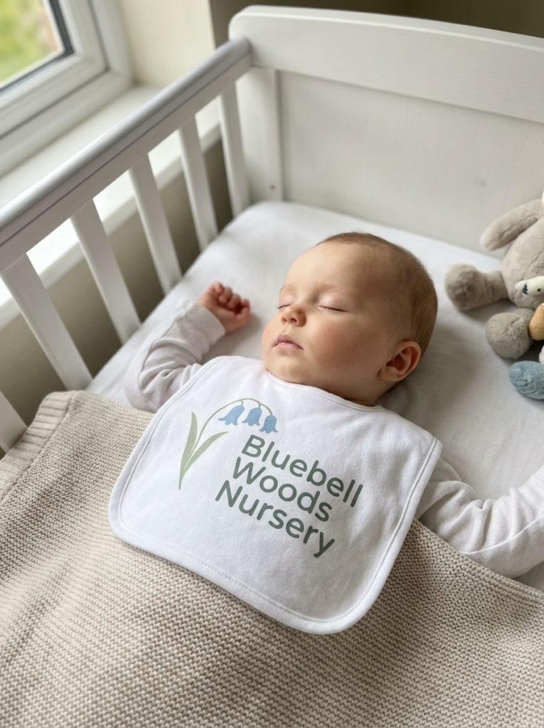 Firefly_Gemini Flash_A baby having a sleep in a cot wearing a bib with this logo on 272657